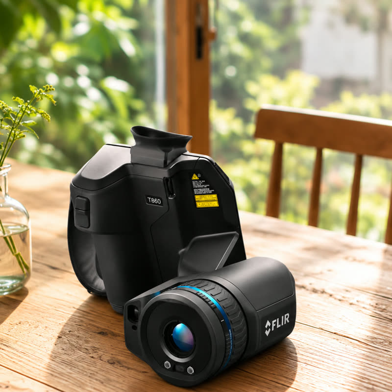 木製テーブルに置かれた使用機材のFLIR T860赤外線サーモグラフィカメラ